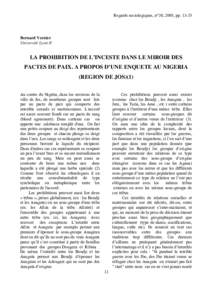 Regards sociologiques, n°30, 2005, ppBernard Vernier Université Lyon II  LA PROHIBITION DE L’INCESTE DANS LE MIROIR DES