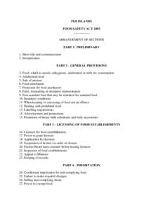 FIJI ISLANDS FOOD SAFETY ACT 2003 __________ ARRANGEMENT OF SECTIONS PART 1- PRELIMINARY 1. Short title and commencement