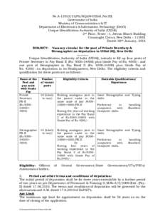No.APS/HQ)09-UIDAI (Vol.III) Government of India Ministry of Communications & IT Department of Electronics & Information Technology (DeitY) Unique Identification Authority of India (UIDAI) 2nd Floor, Tower – 