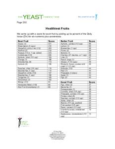 Page 202  Healthiest Fruits We came up with a score for each fruit by adding up its percent of the Daily Value (DV) for six nutrients plus carotenoids. Best Fruit