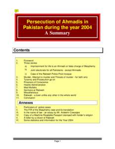 Persecution of Ahmadis in Pakistan during the year 2004 A Summary Contents 1.