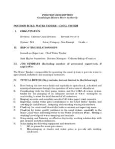POSITION DESCRIPTION Guadalupe-Blanco River Authority POSITION TITLE: WATER TENDER - CANAL SYSTEM I.  ORGANIZATION