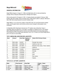 Mega Millions® GENERAL INFORMATION Mega Millions began on August 31, 1996 as the Big Game with six states participating: Georgia, Illinois, Maryland, Massachusetts, Michigan and Virginia. After exciting growth of the ga