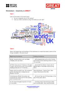Worksheet | Creativity is GREAT Task 1 Look at the words in the word cloud. • Do you recognise any of the names? • Can you write a sentence using the words you can see?