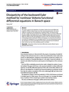 Dissipativity of the backward Euler method for nonlinear Volterra functional differential equations in Banach space