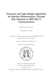 Protocols and Light-Weight Algorithms for Wireless Authentication through Side Channels in IEEECommunication