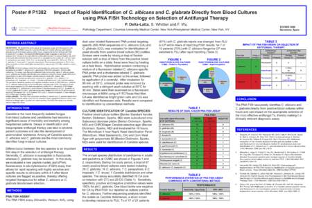 Poster # P1382 Impact of Rapid Identification of C. albicans and C. glabrata Directly from Blood Cultures using PNA FISH Technology on Selection of Antifungal Therapy P. Della-Latta, S. Whittier and F. Wu