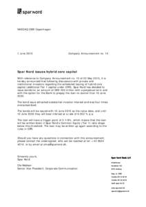 NASDAQ OMX Copenhagen  3 June 2015 Company Announcement no. 15