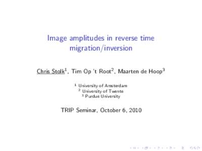 Image amplitudes in reverse time migration/inversion Chris Stolk1 , Tim Op ’t Root2 , Maarten de Hoop3 1  University of Amsterdam