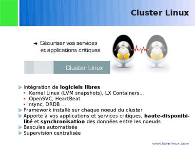 Cluster Linux  Intégration de logiciels libres  Kernel Linux (LVM snapshots), LX Containers... 