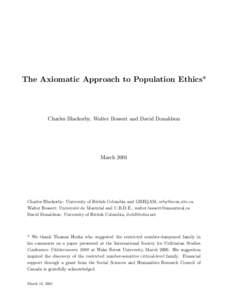 The Axiomatic Approach to Population Ethics*  Charles Blackorby, Walter Bossert and David Donaldson March 2001
