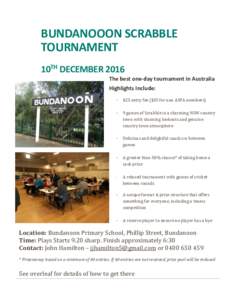 BUNDANOOON SCRABBLE TOURNAMENT 10TH DECEMBER 2016 The best one-day tournament in Australia Highlights Include: -