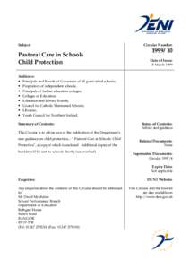 Subject:  Pastoral Care in Schools Child Protection  Circular Number: