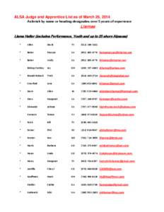 ALSA Judge and Apprentice List as of March 26, 2014 Asterisk by name or heading designates over 5 years of experience Llamas Llama Halter (includes Performance, Youth and up to 25 shorn Alpacas) *