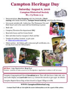 Campton Heritage Day Saturday August 6, 2016 Campton Historical Society Rt. 175 from 11-3 