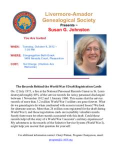 Livermore-Amador Genealogical Society Presents ~ Susan G. Johnston You Are Invited