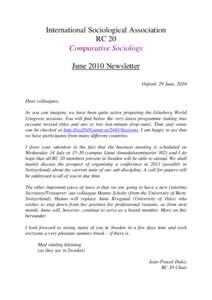 International Sociological Association RC 20 Comparative Sociology June 2010 Newsletter Oxford: 29 June, 2010