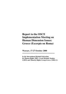 Report to the OSCE Implementation Meeting on Human Dimension Issues: Greece (Excerpts on Roma) Warsaw, 17-27 October 2000 ––––––––––––––––––––––––––––––––