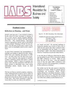 Newsletter Fall 2002 Volume 8, Number 3 Member News IABS 2002 Teaching Notes