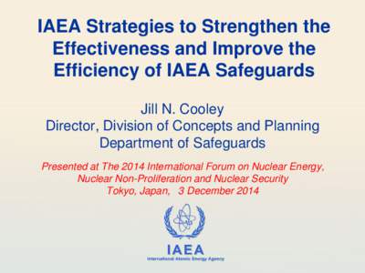 IAEA Strategies to Strengthen the Effectiveness and Improve the Efficiency of IAEA Safeguards Jill N. Cooley Director, Division of Concepts and Planning Department of Safeguards