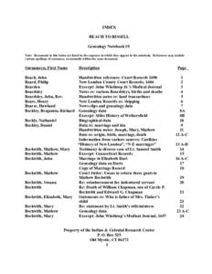 INDEX BEACH TO BISSELL Genealogy Notebook #5 Note: Documents in this Index are listed in the sequence in which they appear in the notebook. References may include various spellings of surnames, occasionally within the sa