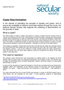 Updated: MayCaste Discrimination In the interest of upholding the principle of equality and justice, and to ensure the availability of effective and timely redress through the courts, the National Secular Society 