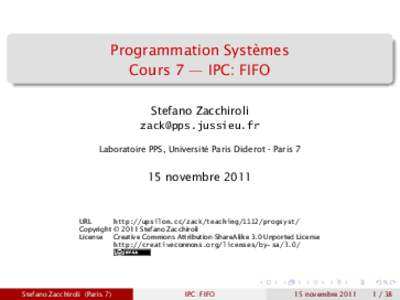 Programmation Systèmes Cours 7 — IPC: FIFO Stefano Zacchiroli  Laboratoire PPS, Université Paris Diderot - Paris 7