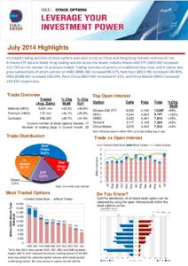 July 2014 Highlights Increased trading activities of stock options was seen in July as China and Hong Kong markets continue to rise. A-Shares ETF options faced rising trading volume across the board, notably iShares A50 