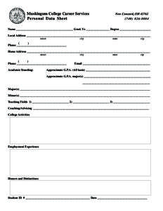 Muskingum College Career Services Personal Data Sheet New Concord, OH[removed]8084