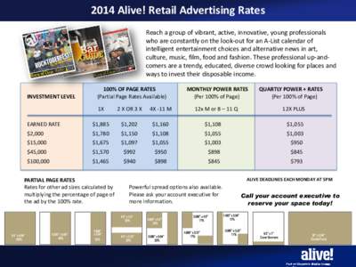 2014 Alive! Retail Advertising Rates Reach a group of vibrant, active, innovative, young professionals who are constantly on the look-out for an A-List calendar of intelligent entertainment choices and alternative news i