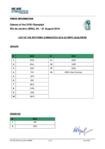 PRESS INFORMATION  Games of the XXXI Olympiad Rio de Janeiro (BRA), 05 – 21 AugustLIST OF THE RHYTHMIC GYMNASTICS 2016 OLYMPIC QUALIFIERS