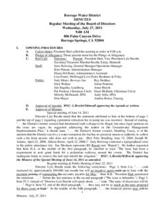 Borrego Water District MINUTES Regular Meeting of the Board of Directors Wednesday, July 27, 2011 9:00 AM 806 Palm Canyon Drive