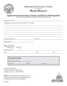 Arkansas Secretary of State  Q Mark Martin  Application for Secretary of State Certificate of Recognition