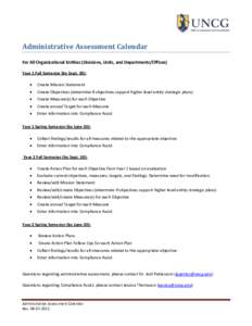 Administrative Assessment Calendar For All Organizational Entities (Divisions, Units, and Departments/Offices) Year 1 Fall Semester (by Sept. 30):   Create Mission Statement