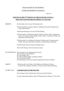 THIS DOCUMENT IS THE PROPERTY OF THE GOVERNMENT OF ANGUILLA Copy No: MINUTES OF THE 57TH MEETING OF THE ELEVENTH ANGUILLA EXECUTIVE COUNCIL HELD ON FRIDAY 15TH JULY 2016