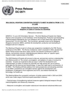 BIOLOGICAL WEAPONS CONVENTION EXPERTS TO MEET IN GENEVA FROM 13 TO 24 JUNE