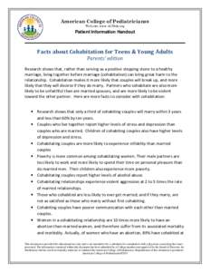 American College of Pediatricians® Web site: www.ACPeds.org Patient Information Handout  Facts about Cohabitation for Teens & Young Adults