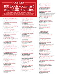 100 foods you must eat in 100 counties Great food is easy to find in North Carolina. Take this checklist and a copy of the July 2010 issue of Our State magazine as you travel the state. That next delicious dish is just a
