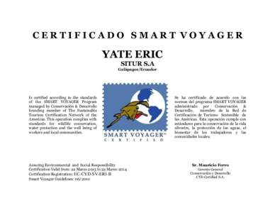 CERTIFICADO SMART VOYAGER  YATE ERIC SITUR S.A  Galápagos/Ecuador