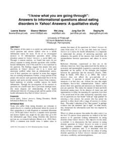 “I know what you are going through”: Answers to informational questions about eating disorders in Yahoo! Answers: A qualitative study Leanne Bowler 