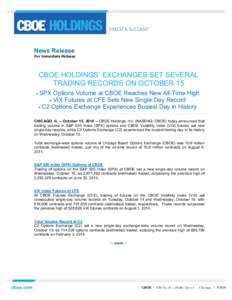 News Release For Immediate Release CBOE HOLDINGS’ EXCHANGES SET SEVERAL TRADING RECORDS ON OCTOBER 15  SPX
