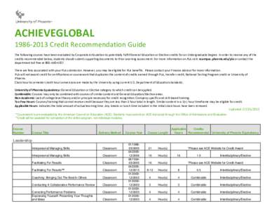 ACHIEVEGLOBAL 1986‐2013 Credit Recommendation Guide The following courses have been evaluated by Corporate Articulation to potentially fulfill General Education or Elective credits for an Undergrad
