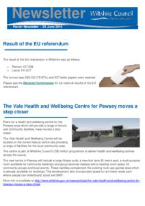 Newsletter Parish Newsletter – 28 June 2016 Result of the EU referendum ▬▬▬▬▬▬▬▬▬▬▬▬▬ The result of the EU referendum in Wiltshire was as follows: