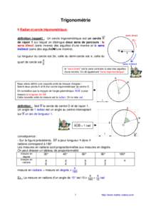 Trigonométrie I) Radian et cercle trigonométrique: sens direct définition (rappel) : Un cercle trigonométrique est un cercle de rayon 1 sur lequel on distingue deux sens de parcours : le