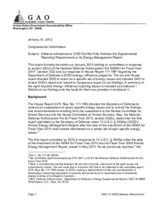GAO-12-336R, Defense Infrastructure: DOD Did Not Fully Address the Supplemental Reporting Requirements in Its Energy Management Report