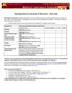 Planning Sheet for University of Wisconsin – River Falls MLS Program Prerequisites: Required prerequisites must be complete by the end of spring semester the year of transfer for year 3 entry. Care must be taken in sch