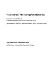 Conscience votes in the federal parliament since 1996 Deirdre McKeown and Rob Lundie Politics and Public Administration Section, Parliamentary Library Tables prepared by Guy Woods, Statistics and Mapping Section, Parliam