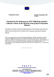 EUROPEAN UNION  Brussels, 30 September 2011 A[removed]Statement by the Spokesperson of EU High Representative