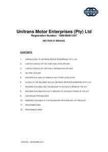 Unitrans Motor Enterprises (Pty) Ltd Registration Number: SECTION 51 MANUAL CONTENTS: 1.