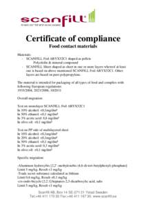 Certificate of compliance Food contact materials Materials: - SCANFILL Foil ABYX52C1 shaped as pellets Polyolefin & mineral compound - SCANFILL Sheet shaped as sheet in one or more layers whereof at least